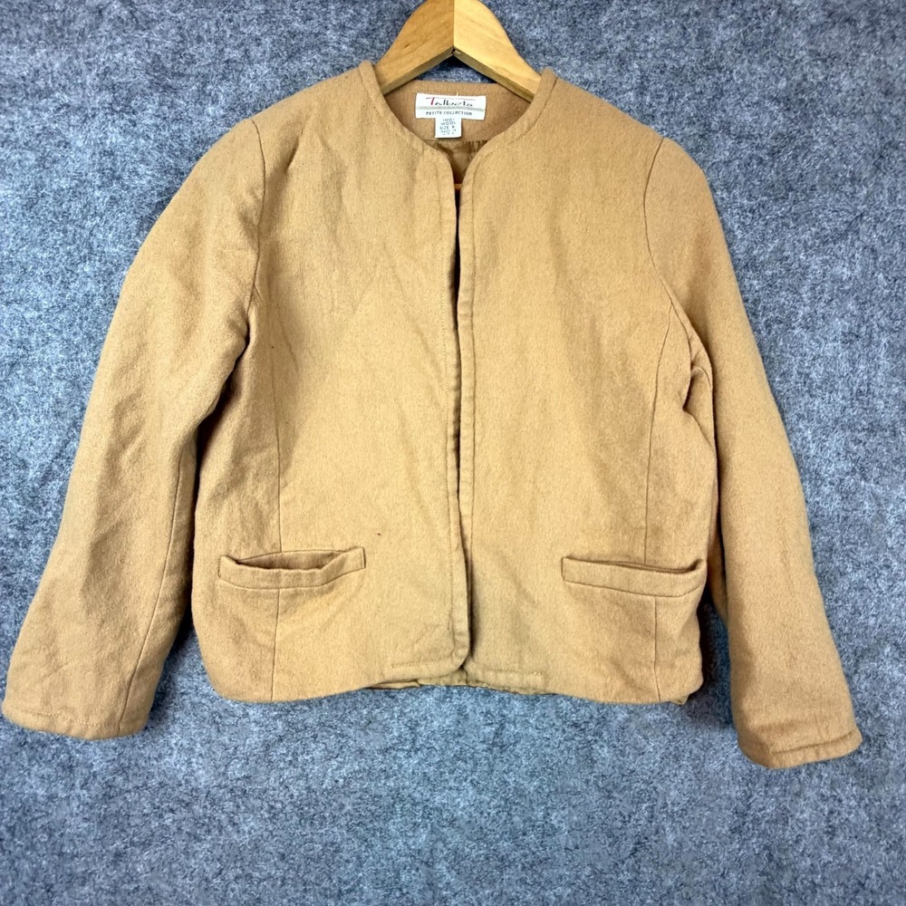 Vintage Talbots Jacket Womens 6 Petite Camel Wool Lined Open Front Short Retro